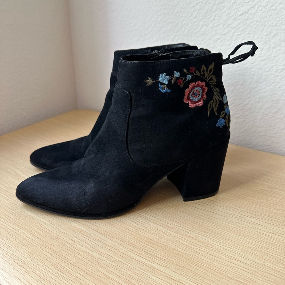 Unisa black suede floral embroidered ankle boots